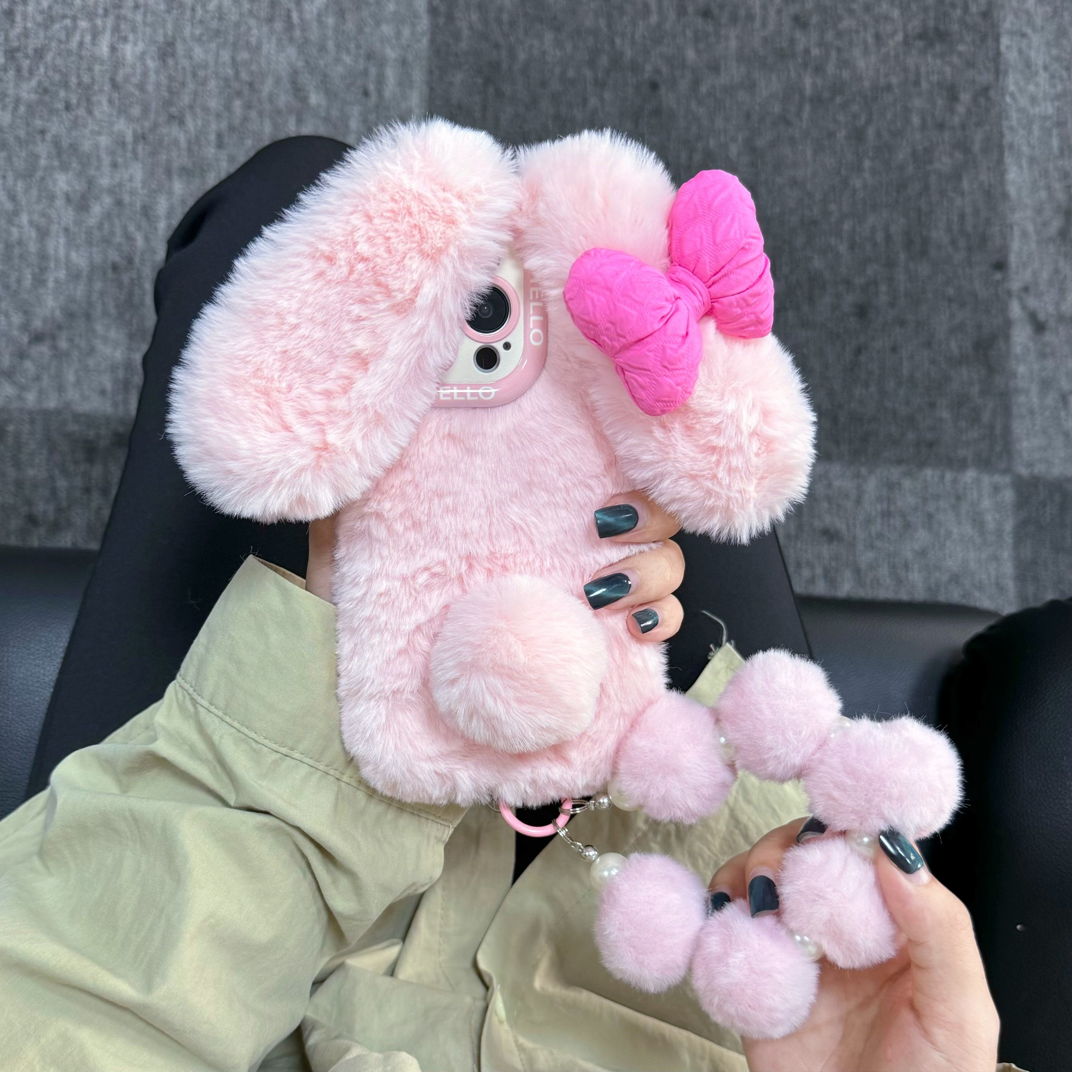 Autumn and Winter Warm Cartoon Cute Bunny Plush Mobile Phone Case with Bracelet Suitable for iPhone 16 Pro Max